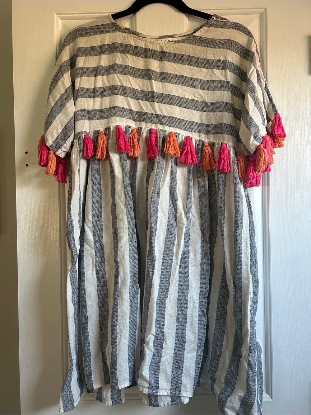 XS Striped Cotton Women Dress or Cover Up with Pink & Orange Tassels